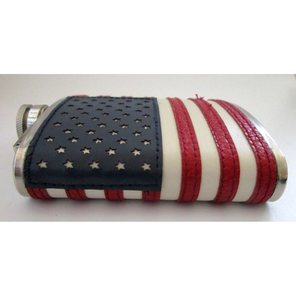 AMERICAN FLAG FLASK USA 6oz Patriotic Stainless Steel Screw Top Stitched Leather - Picture 6 of 14